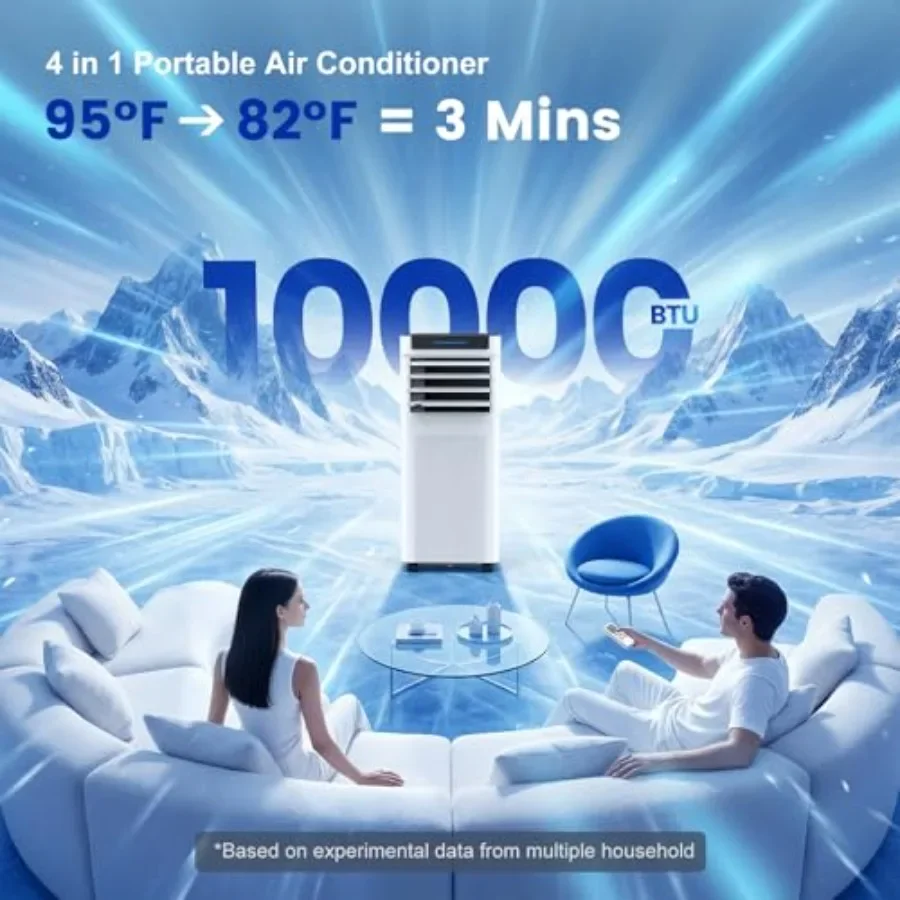 Portable air conditioner for bedrooms, aluminum housing, white, 10000 BTU cooling capacity with 4-in-1 functionality cool/dehum