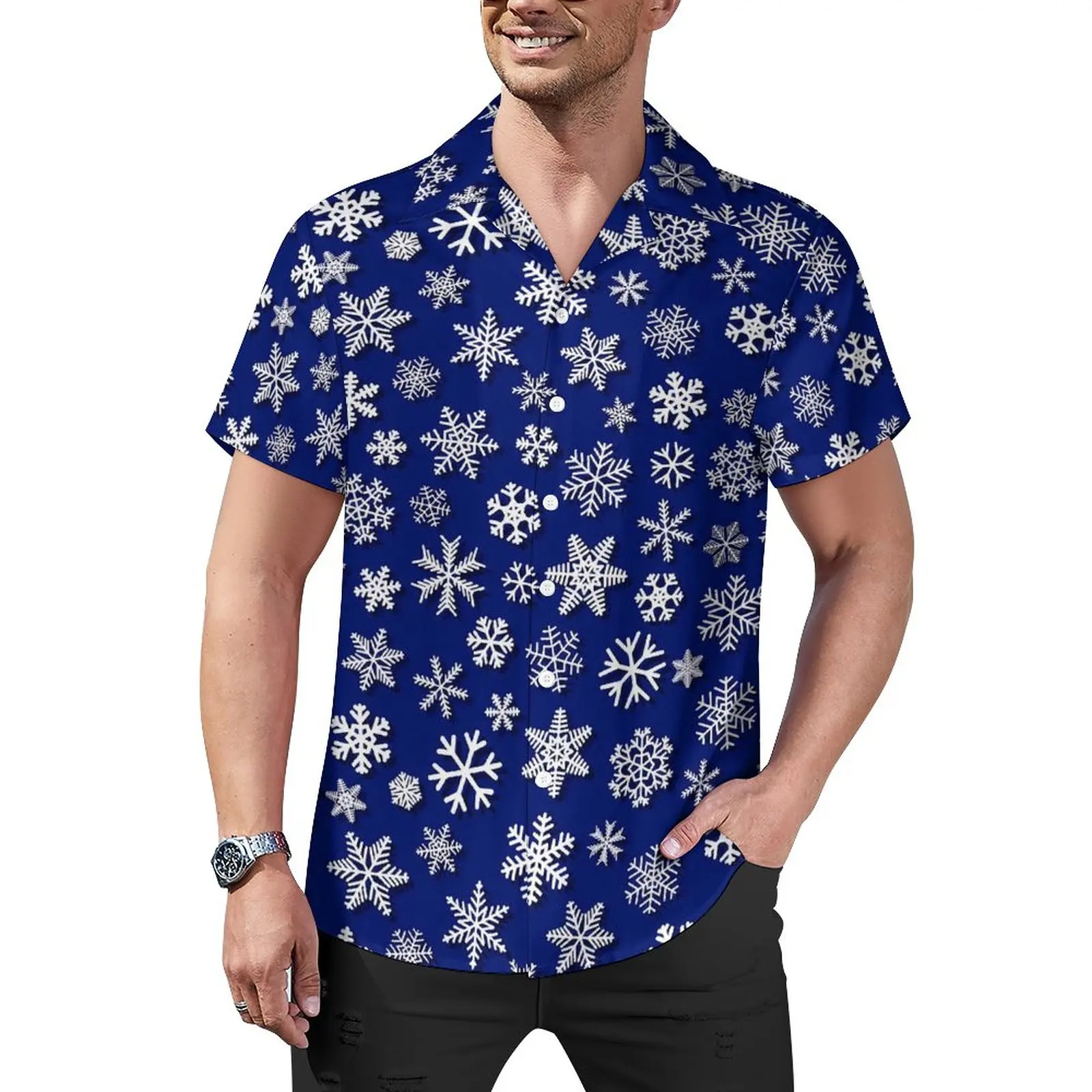 

Christmas Snowflake Blouses Man Blue White Casual Shirts Hawaiian Short-Sleeved Graphic Fashion Oversize Beach Shirt Gift