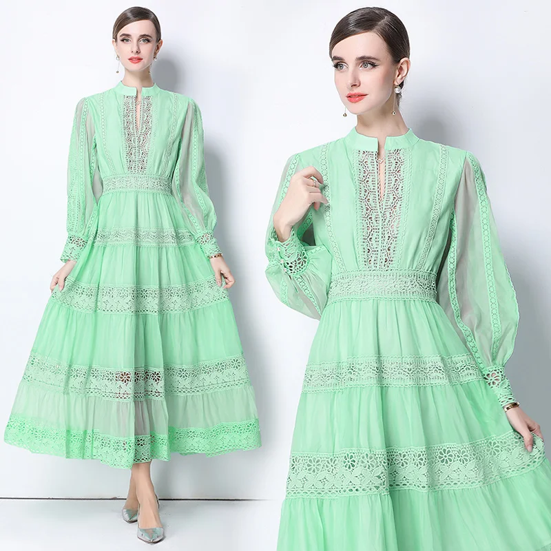 Estate autunno vacanza manica lunga lanterna ricamo verde abito da ballo donna patchwork pizzo una linea scava fuori abiti da festa