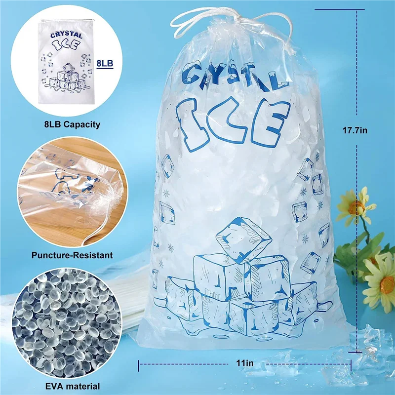 Bolsas de hielo N89R de 8 libras con cordón, bolsas de hielo de 100 unidades para máquina de hielo, bolsas de cubitos de hielo reutilizables resistentes,