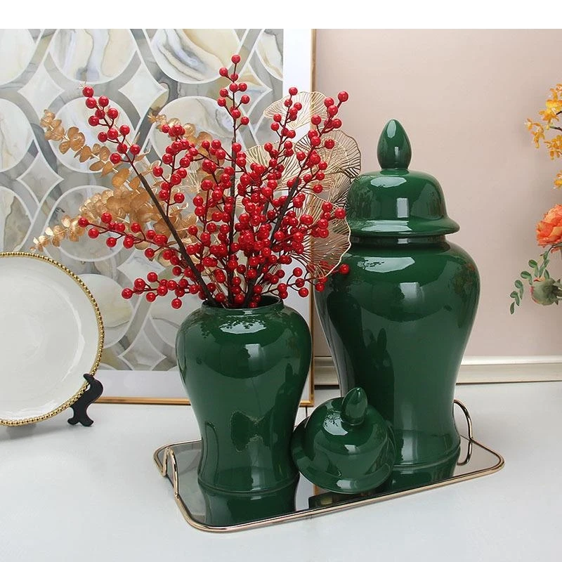 Imitation Jade Retro Porcelain General Jar with Lids Green Ceramic Flower Vases Desk Decoration Jewelry Jars Cosmetic Containers