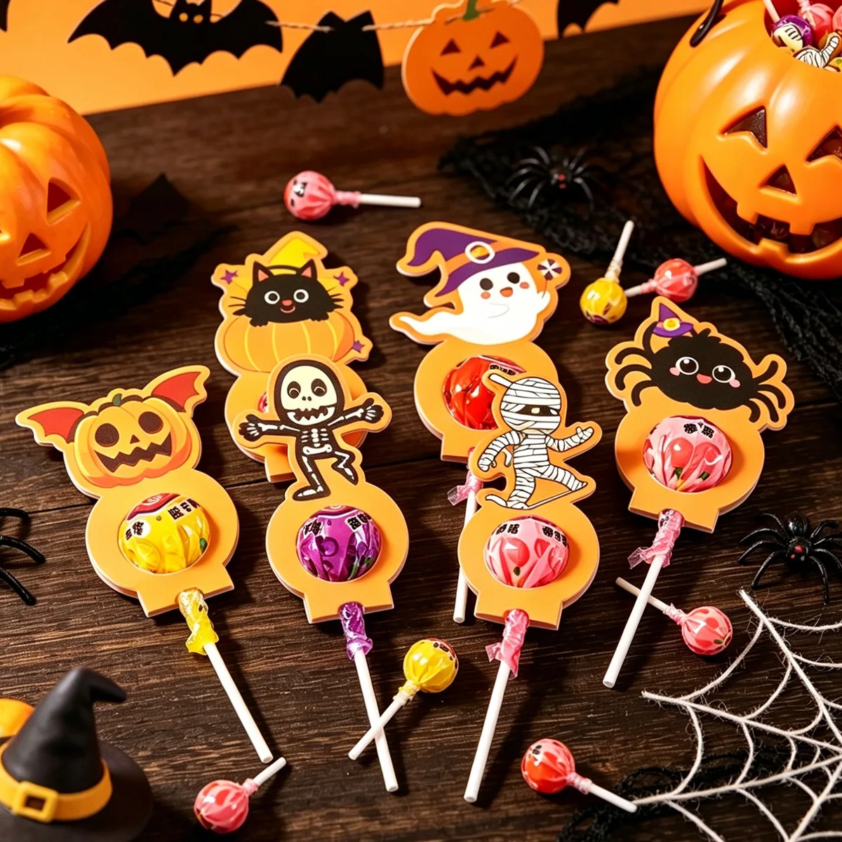 24 Stück Halloween-Lollipop-Papierhalter, niedliches, gruseliges Totenkopf-Design, Halloween-Lollipop-Dekorationskarten für fröhliche Halloween-Dekorationen – Detail 6