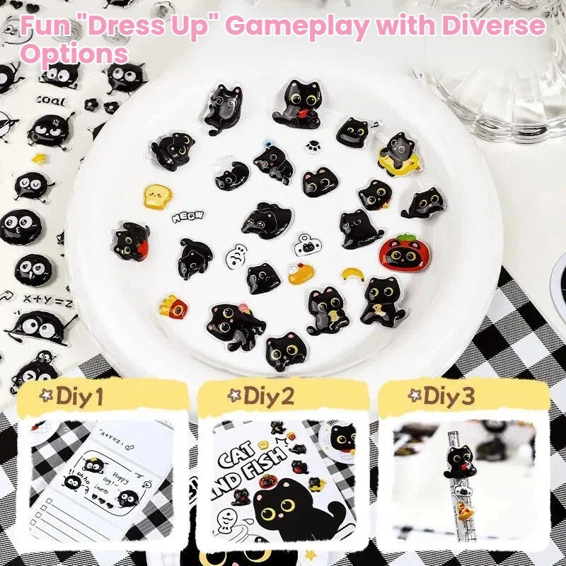 3D Black Cat Stickers Cute Cartoon Animal Relief Hollow 3D Stickers Children's Creative DIY Phone Case Stickers Note Book Decor