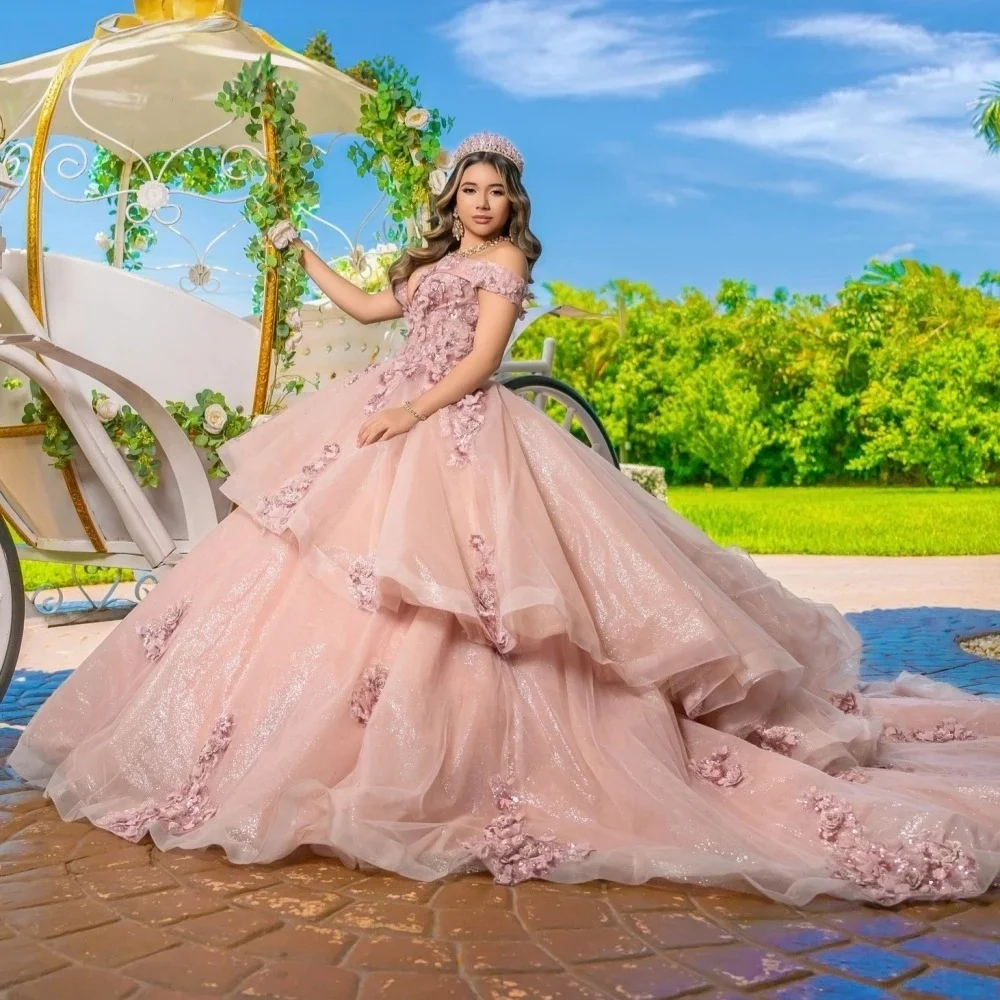 Robes de Quinceanera rose, robe de bal, épaules dénudées, avec des Appliques florales, douces 16, personnalisées, 15 ans
