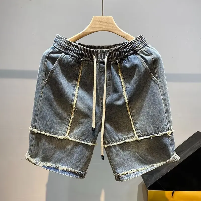 

Fur Edge Spliced Denim Shorts Men's Summer High Street Trendy Brand Handsome Pants American Retro Casual Five-point Pants Jort