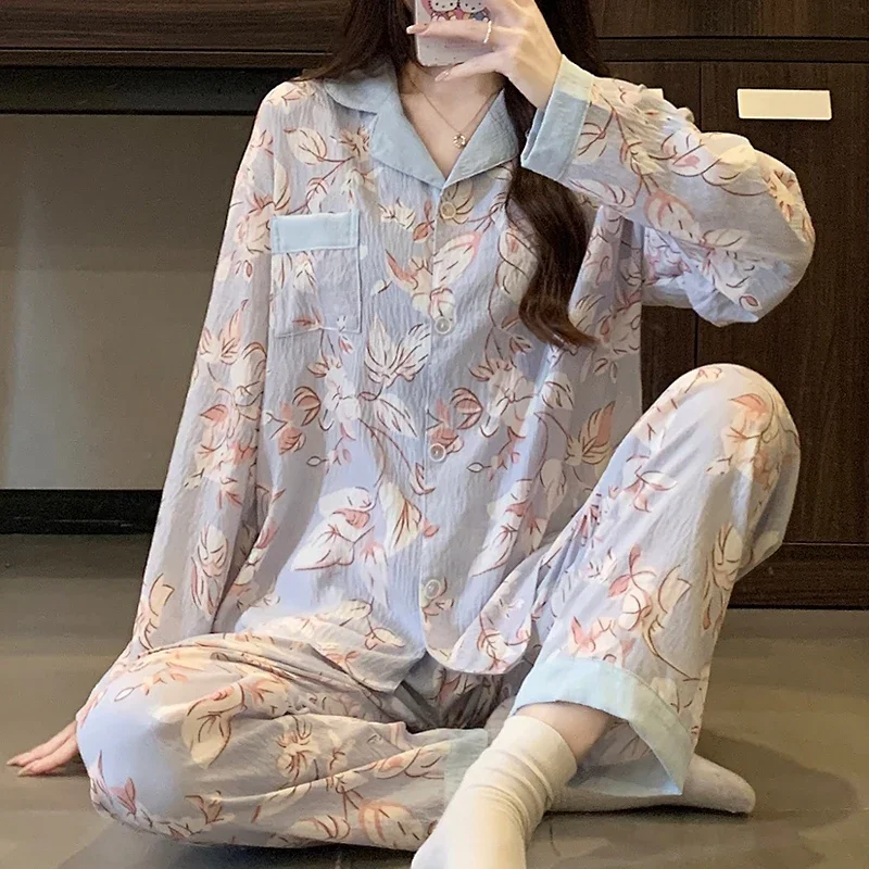 

spring autumn flower printing Tops and Pants Women Pyjamas Set Satin cardigan sleepwear Loose 2 Piece pajamas Loungewear Outfits