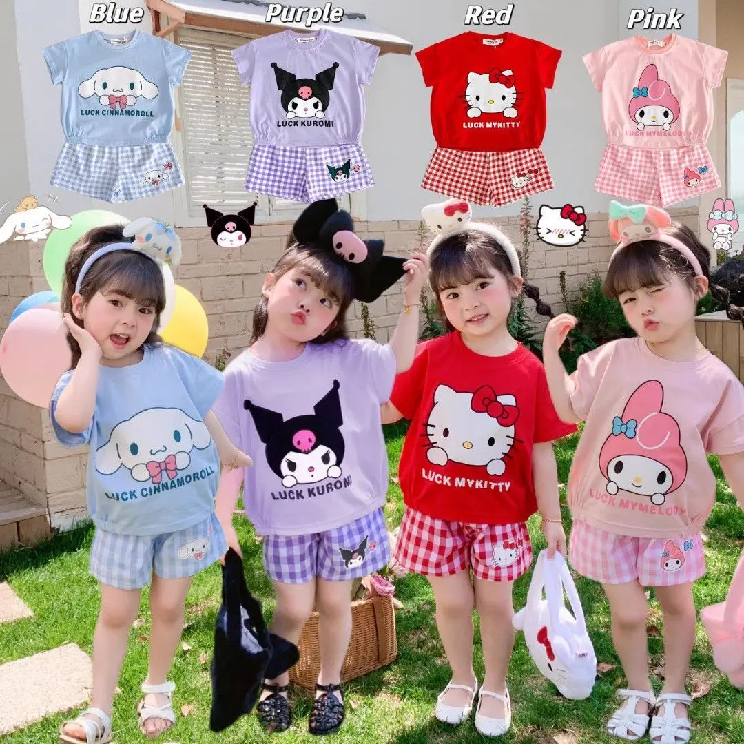 

Kawaii Sanrio Summer Kids Suit Kuromi Cinnamoroll Hello Kitty My Melody Pajamas Girl Pants Clothes Set Children Nightgown Anime