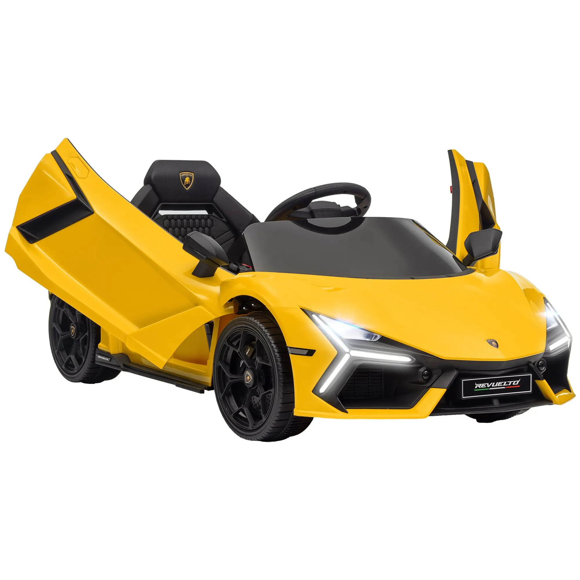 12V Kids Electric Car, Battery Powered Ride on Car with Hydraulic Doors, Remote Control, Transport Wheels, Yellow