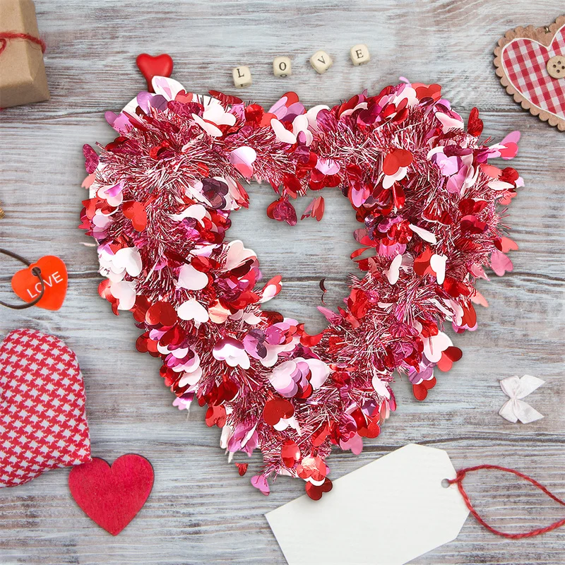 Valentine's Day Heart Shaped Wreaths Red Pink Tinsel Heart Shaped Wreaths With Foil Hearts Love Hanging For Wedding Front Door