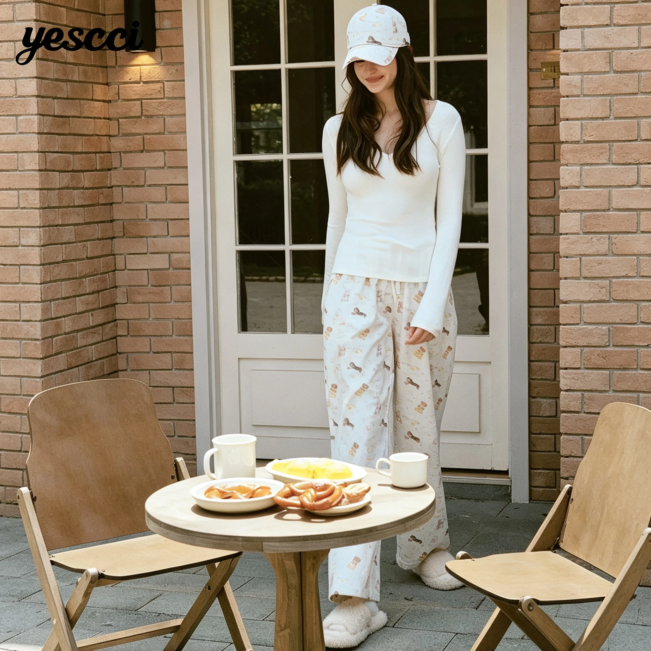 YESCCI Wide Leg Pants Woman Drawstring Waist Loose 100% Cotton Fleece‑Lined Warm Casual Autumn Winter Woman Trousers S55441031