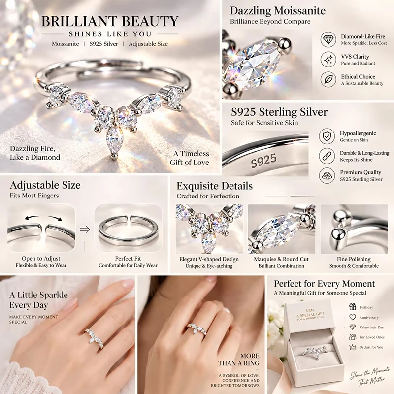 Neuer Modischer Marquise-Schliff Moissanit-Ring S925 Sterling Silber mit GRA-Zertifikat D VVS1 3EX Verstellbare Größe Hochzeits- und Partygeschenk – Detail 9