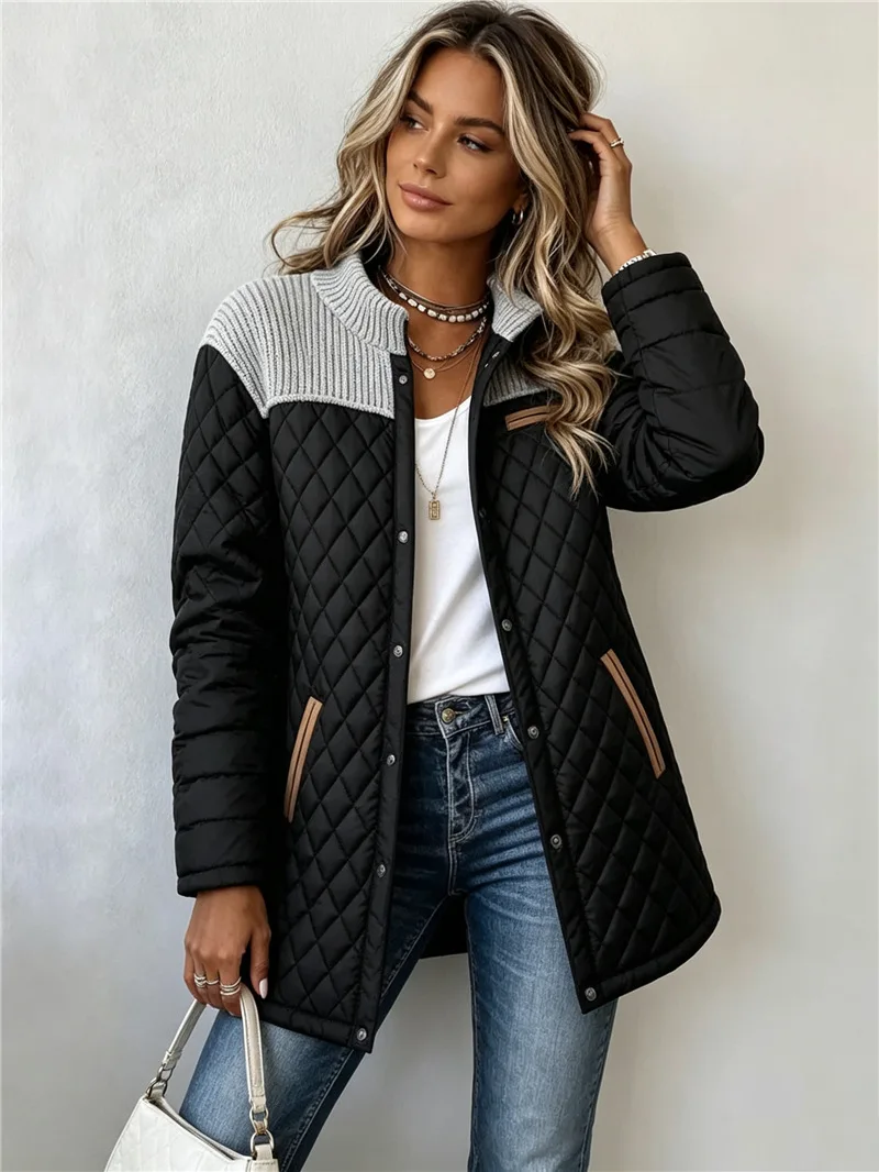 Rib Knit Collar Spliced Quilted Coat Women Long Sleeve Pocket Design Loose Solid Color Fashion Casual Outerwear Cotton Jackets