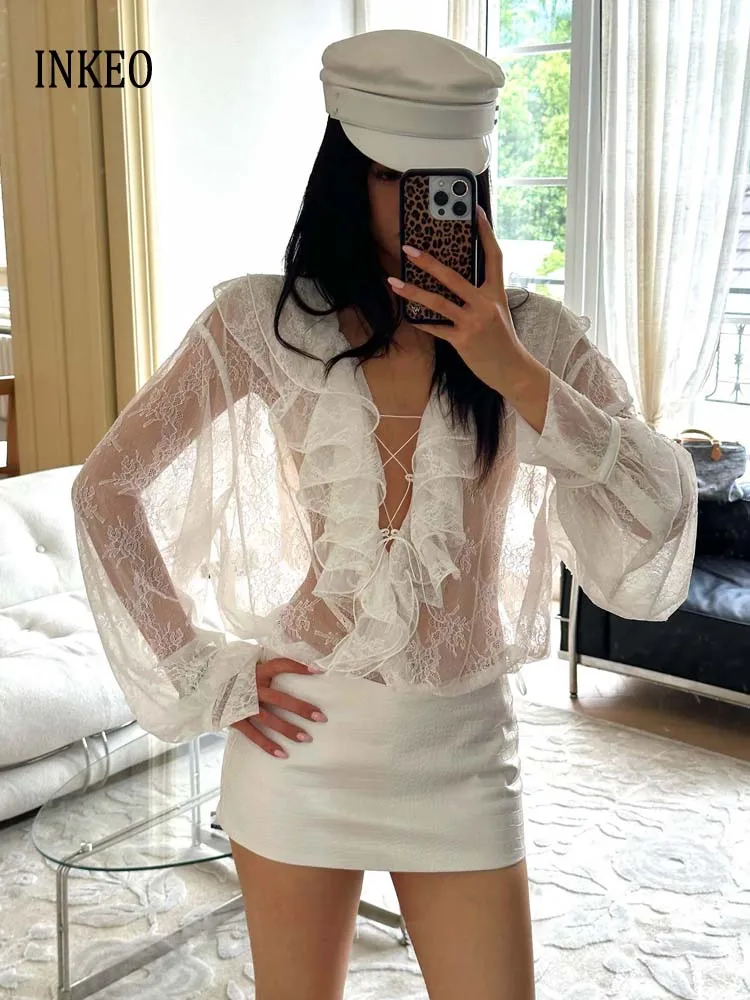 

Сексуальные клубные белые кружевные топы и мини-рубашка с оборками, женская новинка 2025 года, прозрачная рубашка на шнуровке, комплект из 2 предметов INKEO 5T093
