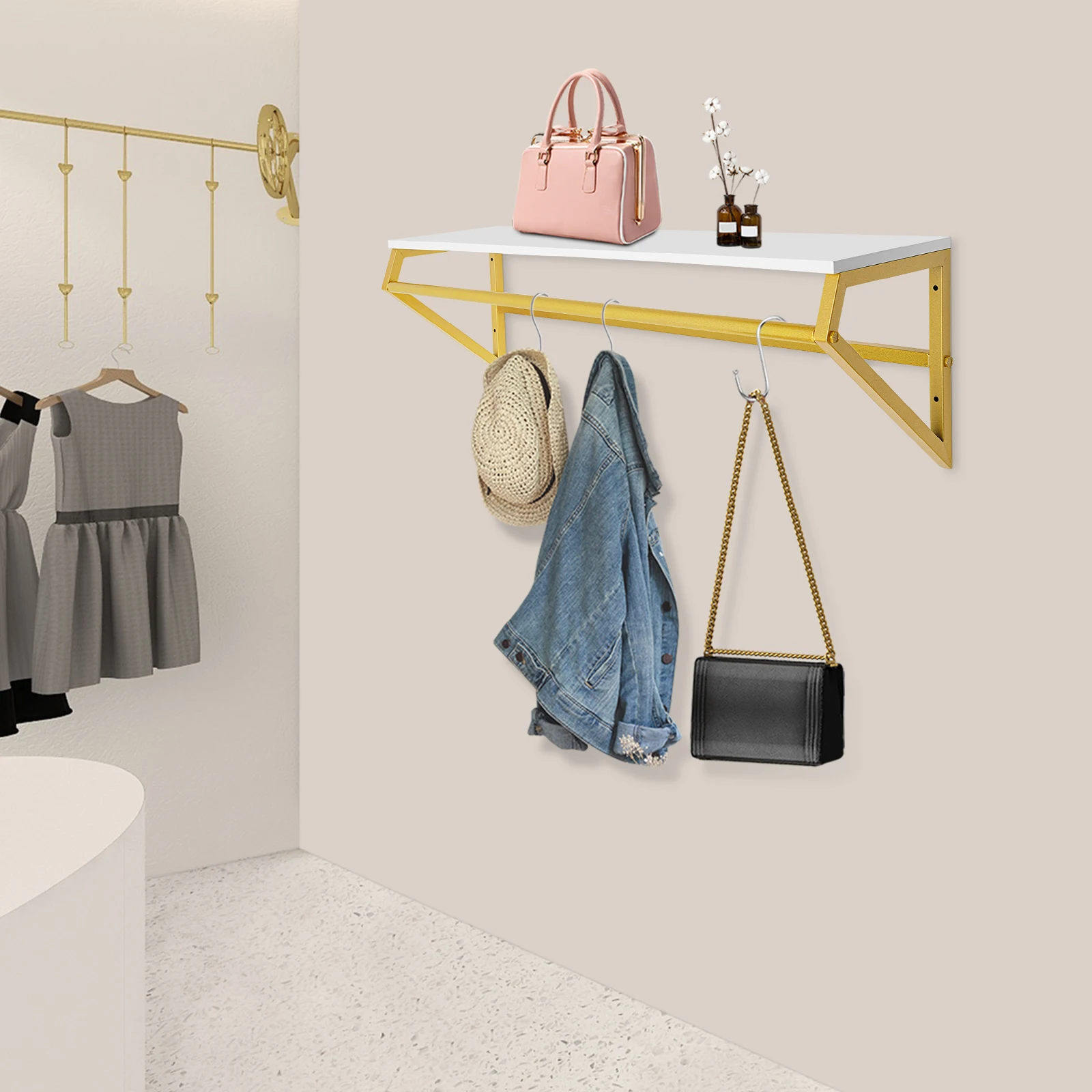 105*25*30cm Gold Wall-mounted Display Stand High Load-bearing Storage Rack Clothes Hanger with Top Rack