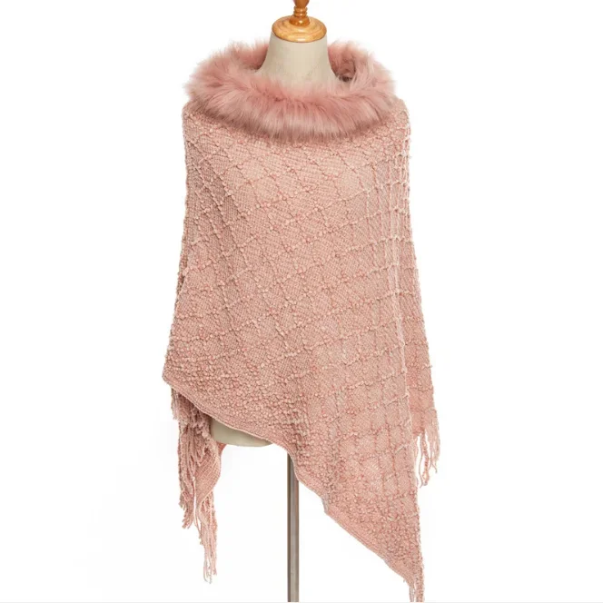 Large Knitted Shawl Women's Autumn Winter New Chenille Cloak Fur Warm Tassel Pullover Cloak Hairy Collar Outdoors