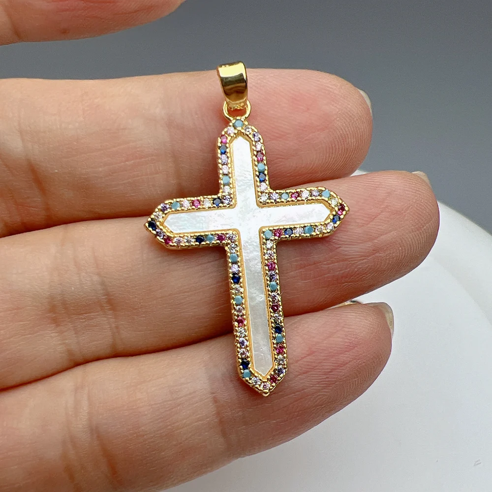 Fashion Zircon Natural Shell Cross Pendants Women Metal Nacre Charms For Jewelry Making DIY Necklace Accessories Material