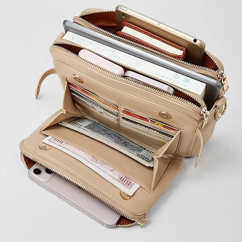 

Vintage-Inspired Three-Layer Crossbody Bag for Women, Beige, with Zip Closure & Detachable Strap, Everyday Shoulder Bag