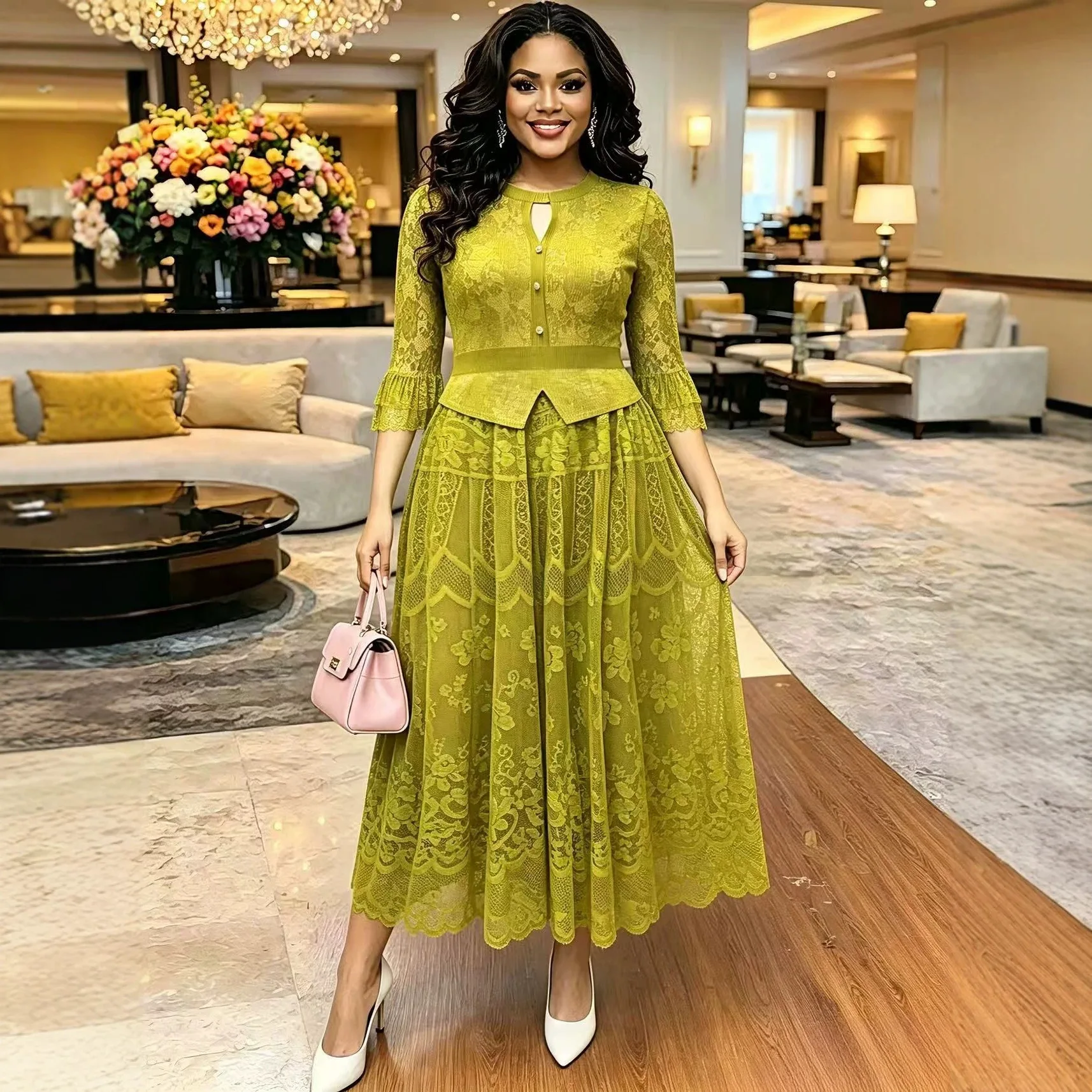 

Miyake Pleated Women's Casual Dress 2026 New Lace Splicing Round Neck Bell Sleeves Fake Two-piece Elegant Dresses