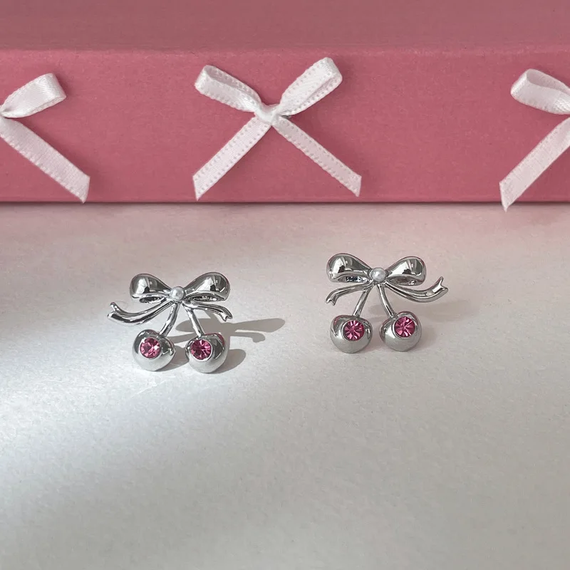 Pink Zircon Bowknot Stud Earrings For Women Girls Creative Design Sweet Exquisite Elegant Wedding Bride Jewelry Gifts