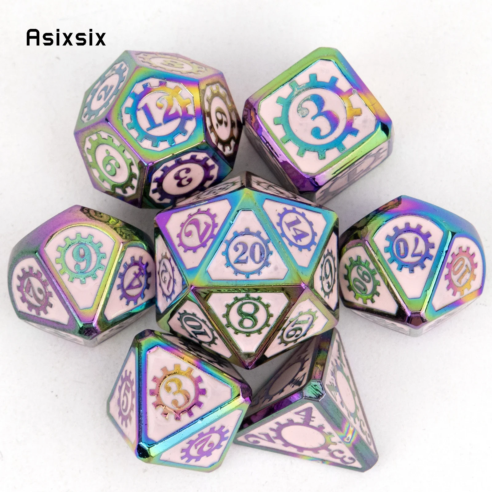 

7 Pcs Pink Blue Gear Wheel Metal Dice Solid Metal Polyhedral Dice Set Suitable For Role-Playing RPG Gift Card Game