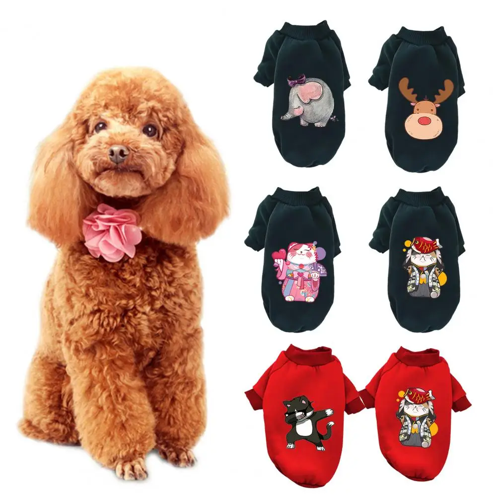 Pet Sweatshirt Two Legs Cartoon Long Sleeves Fleece Stand Collar Keep Warm Elastic Cuff Cat Pattern Elk Cat Winter Sweatshirt