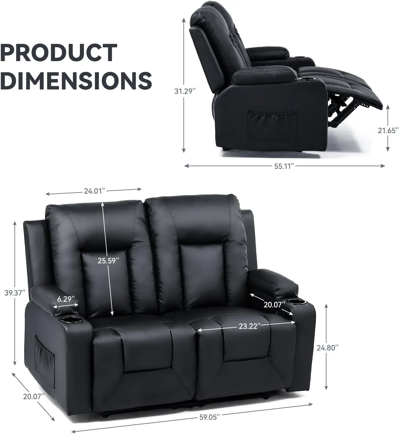 Leather Recliner Modern Loveseat Sofa,2 Leather PU Recliner Chair,Small Sofa Couch,Couches with Drink Holders Living Room Chair