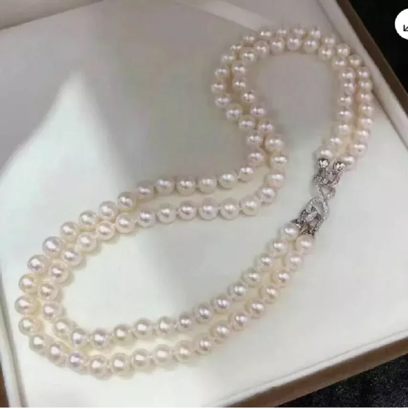 20 inch Double strands AAA++ 7-8mm natural Akoya white pearl necklace 925S