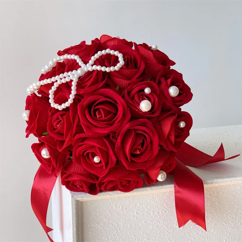 Artificial Red Rose Bridal Bouquet Set with Silk Fake Flowers with Rhinestones Wedding Centerpiece Decor Birthday Gift for Mom