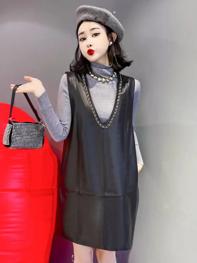 Spring Women Chain Deep V Neck Sleeveless Tank Dress Soft Sheepskin Genuine Leather Mini Dress Ladies Loose Fit Vintage Sundress