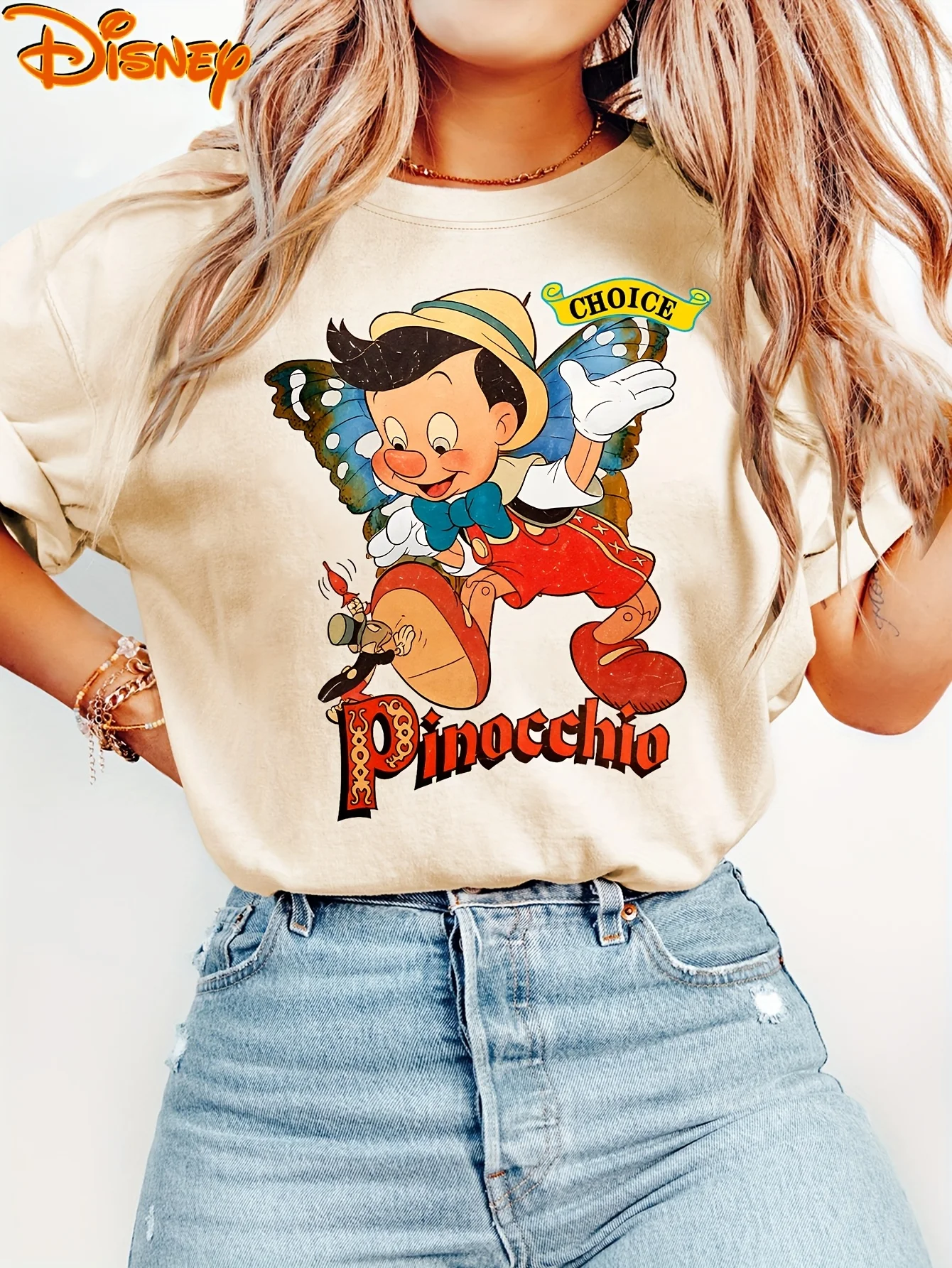 

Футболка с рисунком Пиноккио Диснея, женская и мужская одежда, одежда для пар, повседневная хлопковая одежда с короткими рукавами для путешествий и отпуска