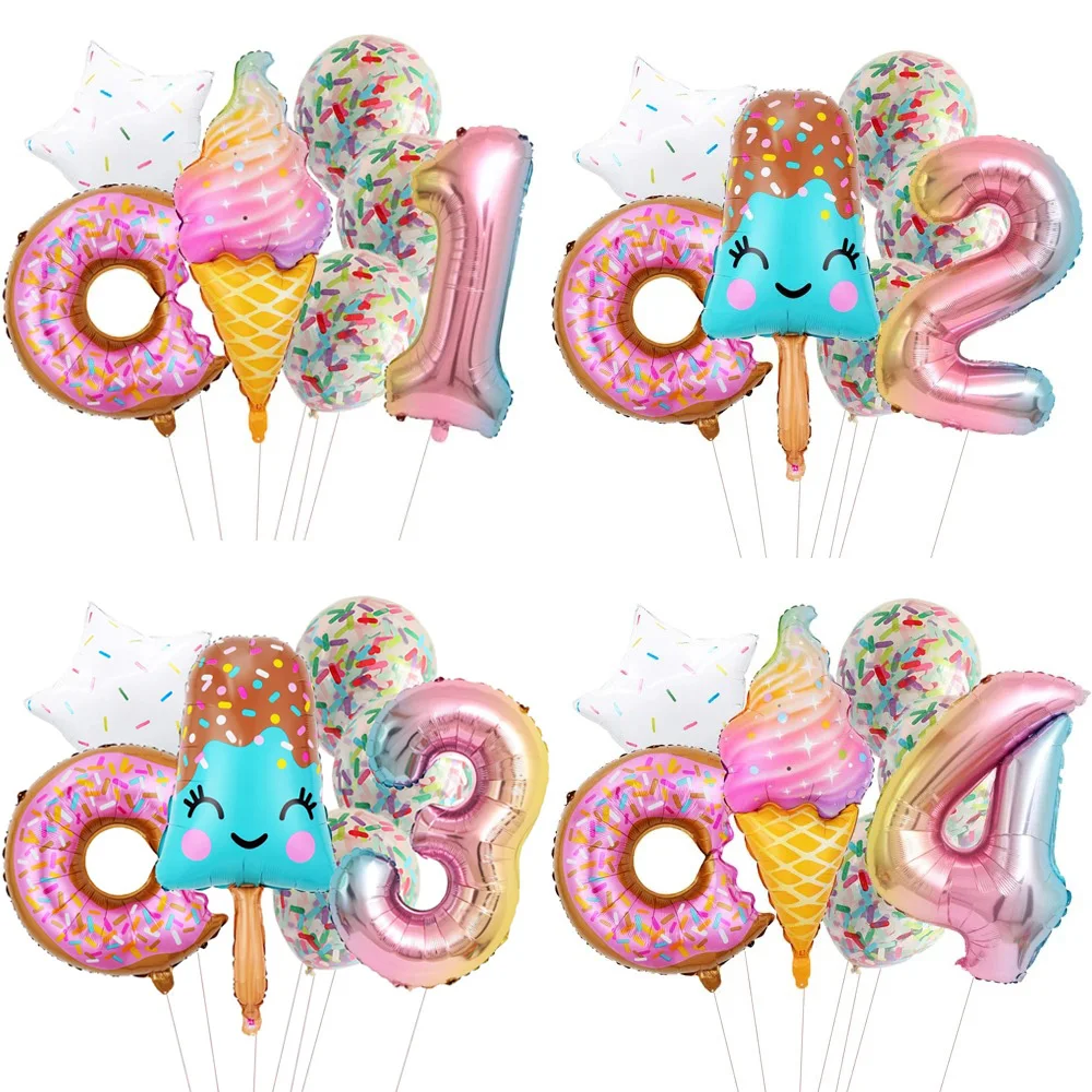 Candy Donut Ice Cream Foil Balloons with Colorful Confetti Ballon 1 2 3 4 5 6 7 8 9 Years Kids Birthday Party Baby Shower Decora