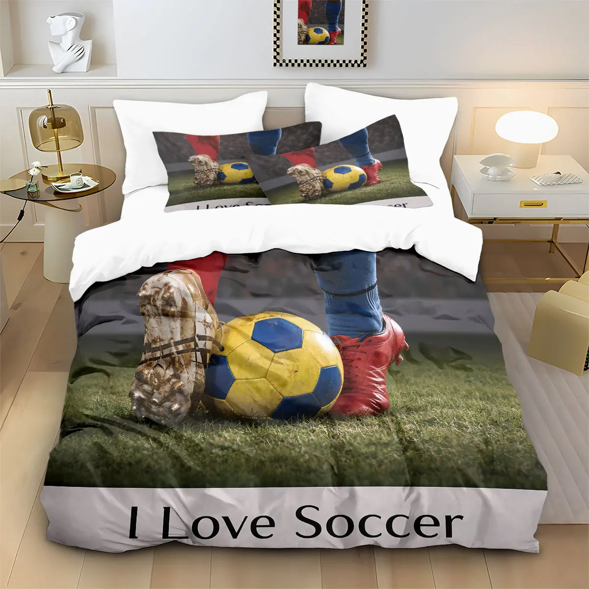 3pcs Football Printed Coreless Down Duvet Cover Set, Multi Size Bedroom Bedding Decoration, Machine Washable