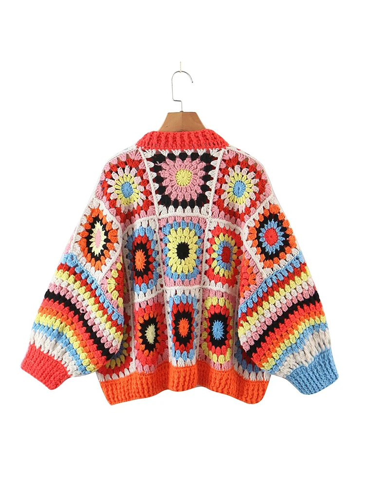 YENKYE New Autumn Women Multicolor Hand Made Crochet Flower Plaid Boho Crop Cardigan Sweater Vintage Batwing Sleeve Loose Coat