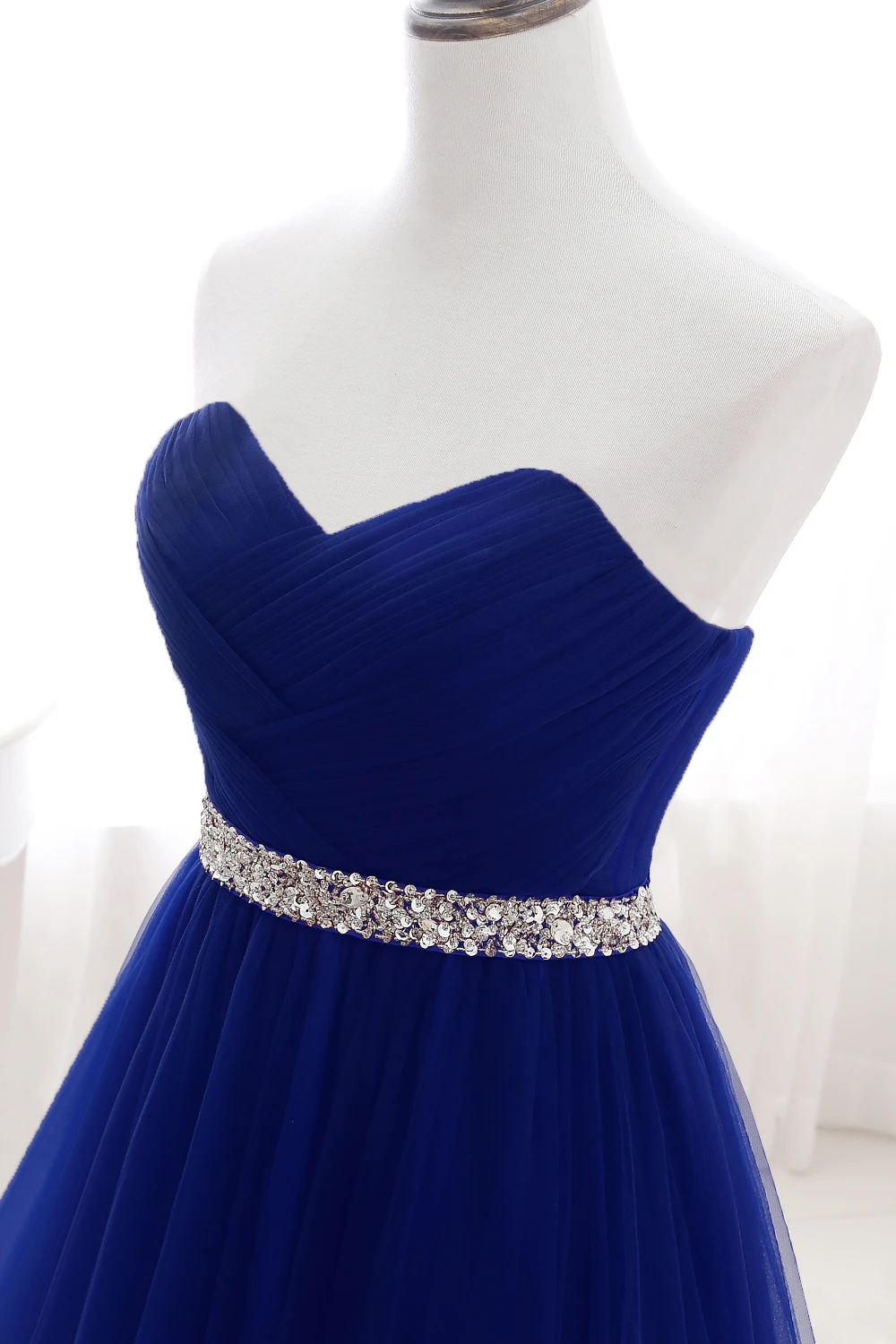 A-line Strapless Tulle Royal Blue Evening Dresses Lace Up Crystal Sequin Formal Party For Bride Sexy Prom Gown Wedding Party