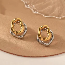 FTCY Geometric Irregular Earrings for Women Golden Silvery Double Layer Metal Design Stud Earrings Simple Jewelry Gift