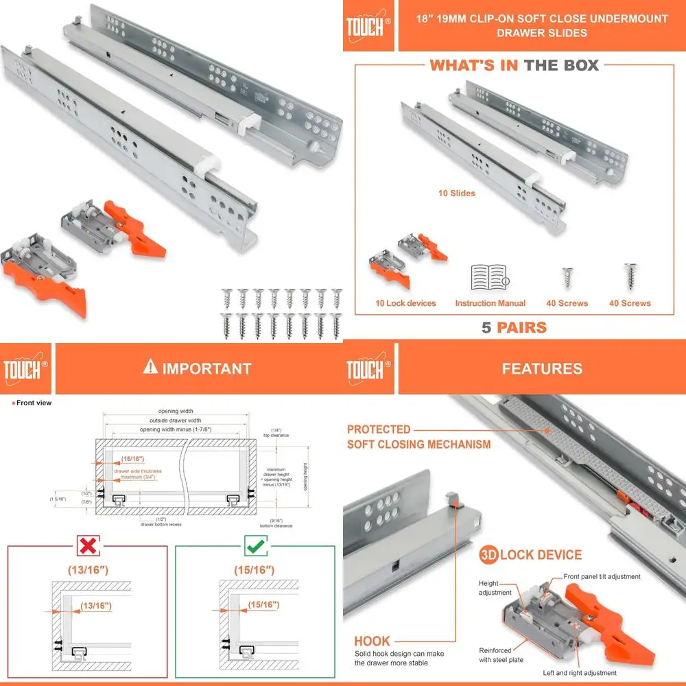 

Направляющие для выдвижных ящиков с мягким закрыванием, скрытые направляющие 3/4 дюйма для ящиков 18 дюймов, 5 пар, длина 457 мм, самозакрывающиеся направляющие