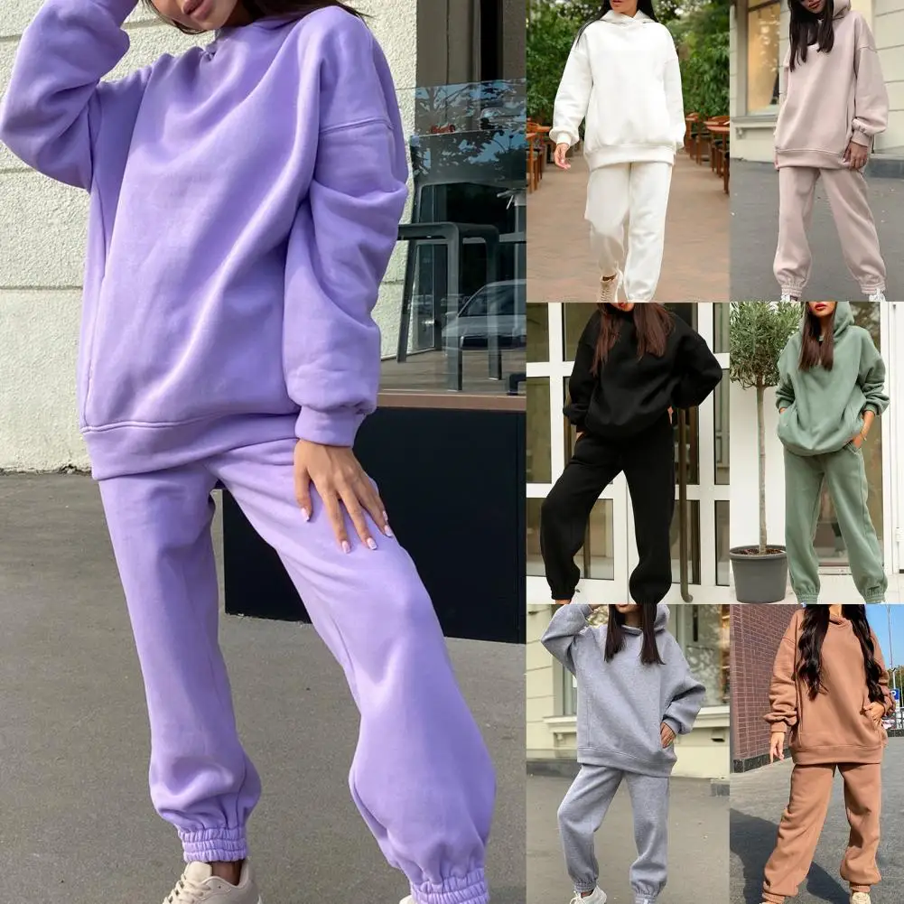 Simple Cold Resistant Solid Color Thick Hoodie Pants Set Shrinkable Hem Two Piece Casual Tracksuit for Daily Wear