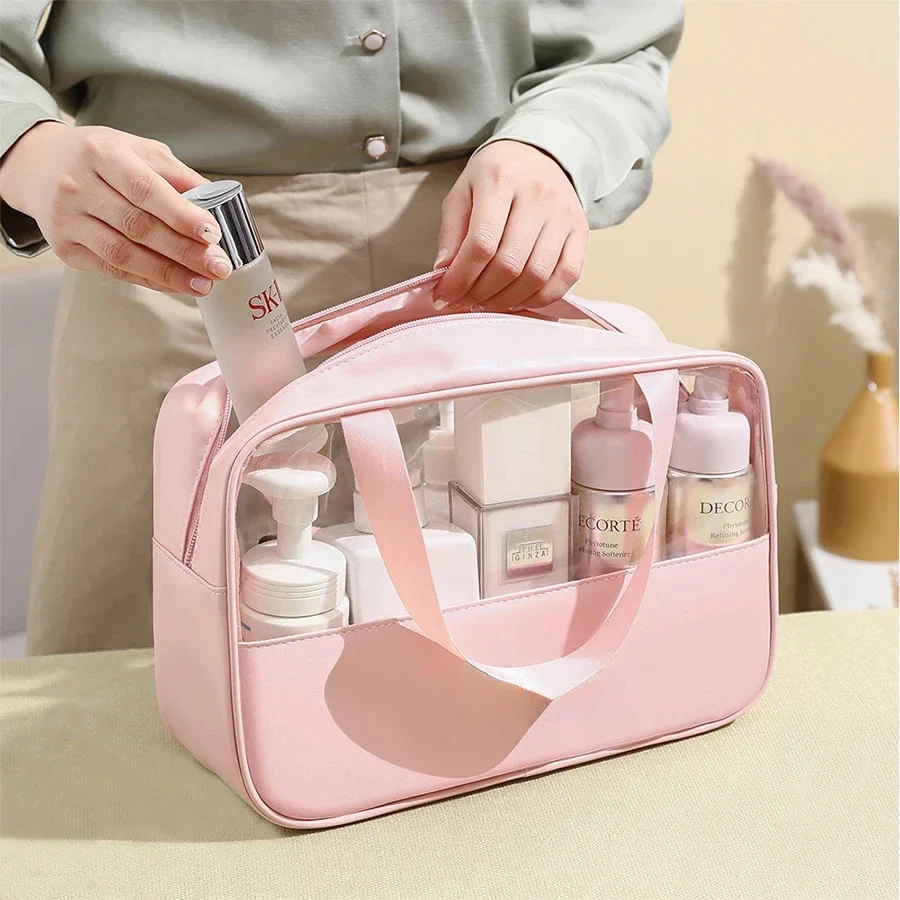 

Simple and Elegant Transparent Makeup Bag PVC Semi Transparent Large Capacity Bath Bag PU Waterproof Portable Travel Storage Bag