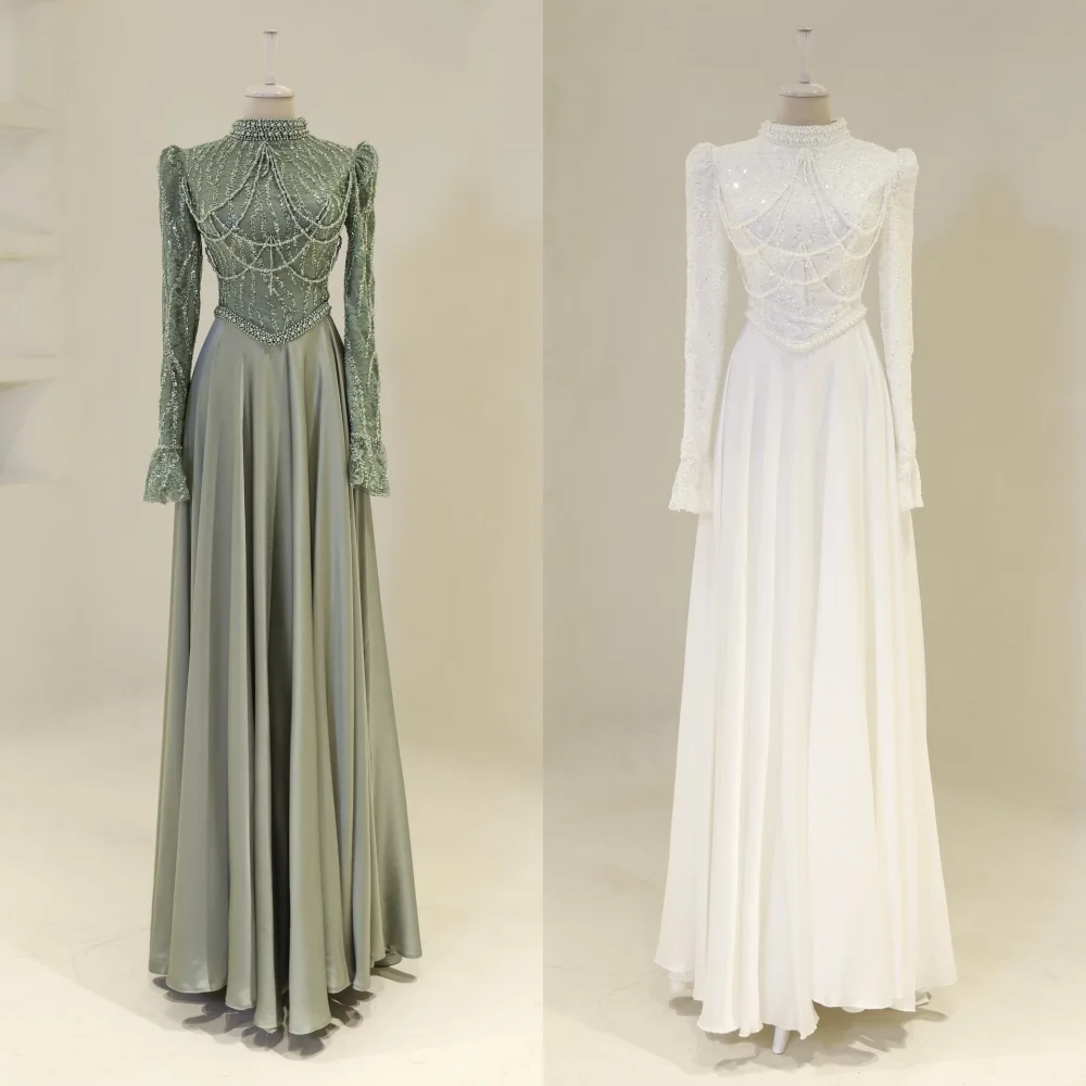 Customized Charmeuse Sequined Beading High Collar A-line Long Dresses Bespoke Occasion Luxury Women's Evening Party Sparkle