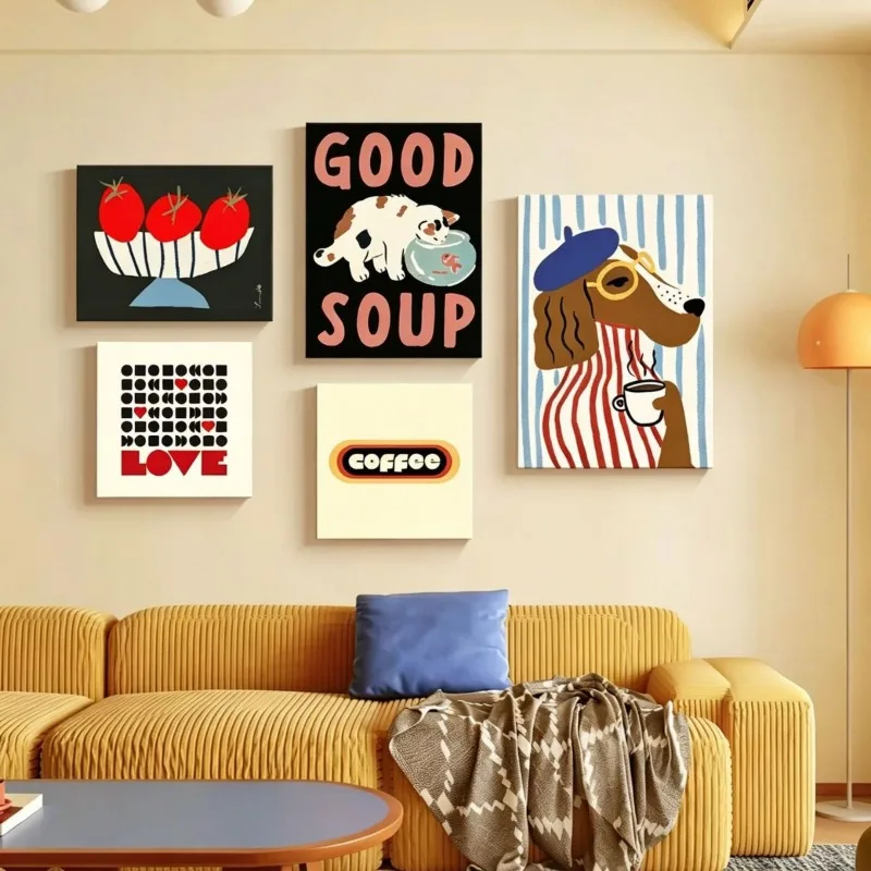 Medieval Bauhaus living room large white wall decorative painting, high-sense dopamine art sofa background combination hanging