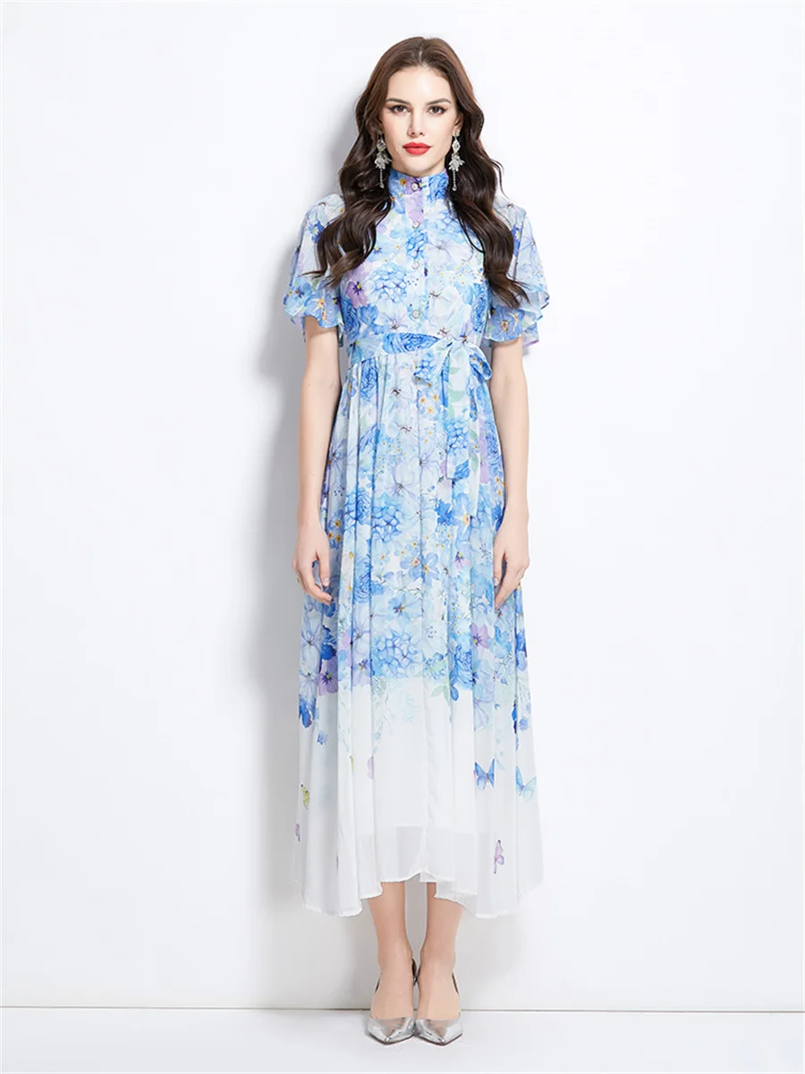 

Blue Floral Print Flying Sleeve Chiffon Long Maxi Dresses Women's Stand collar Single-breasted Sashes Vacation Beach Dress