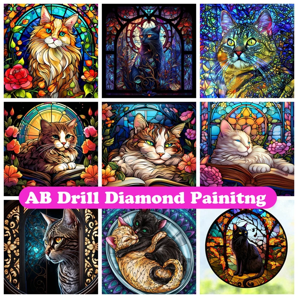 

Cat Stained Glass 5D DIY AB Diamond Painting Mosaic Fantasy Animal Cross Stitch Rhinestones Handmade Embroidery Home Decor Gift