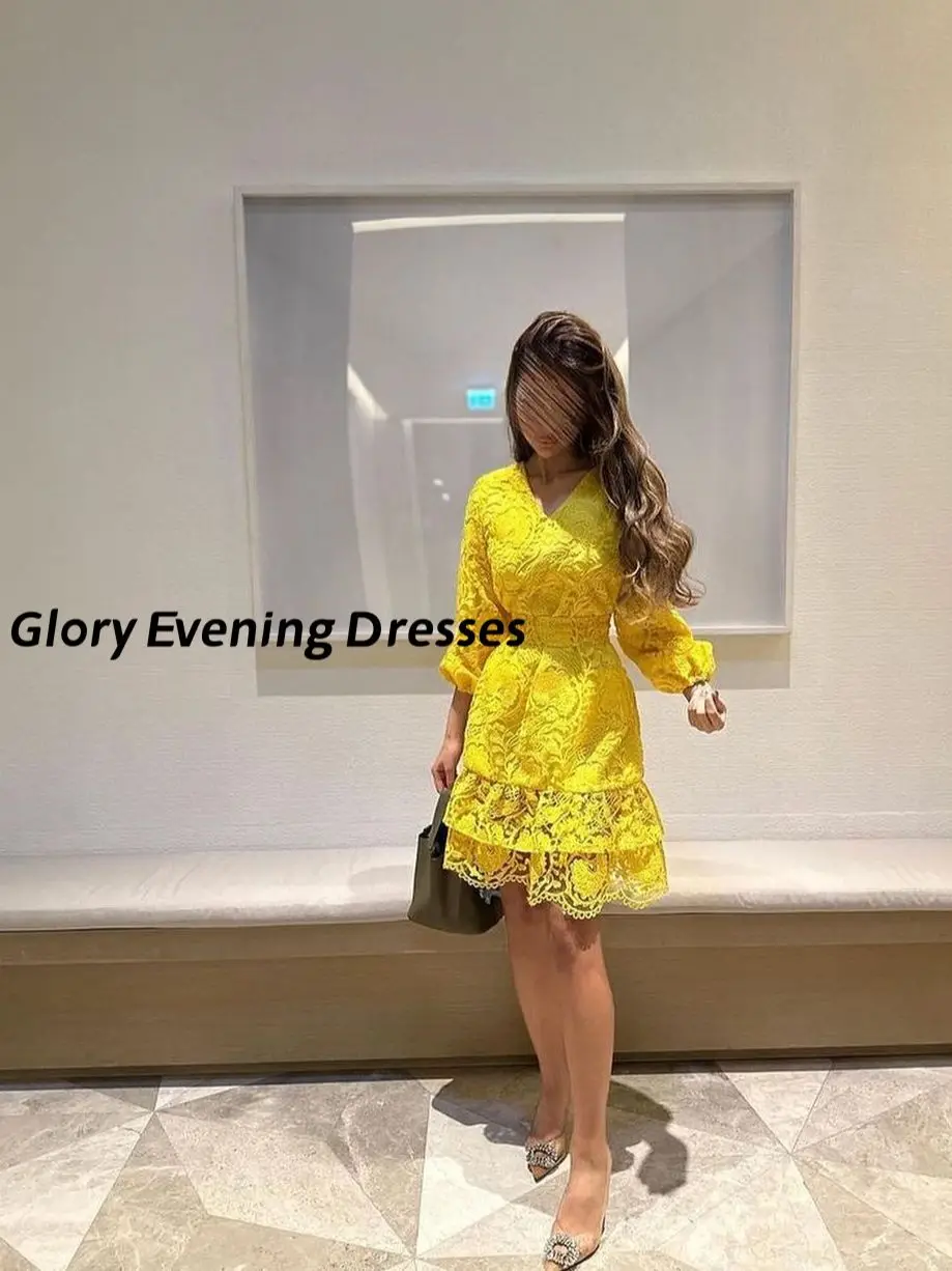 

Yellow V-neck Lace Short Prom Dresses 2023 Long Sleeves Knee-Length Elegant Party Gown Customizable Formal Occasion Dresses