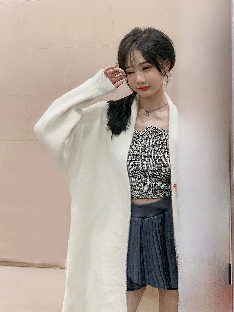 

Women's Loose Long over Knee Faux Fur Cardigan Winter Lazy Style Knitted Sweater Coat Medium Length Hooded Single Piece