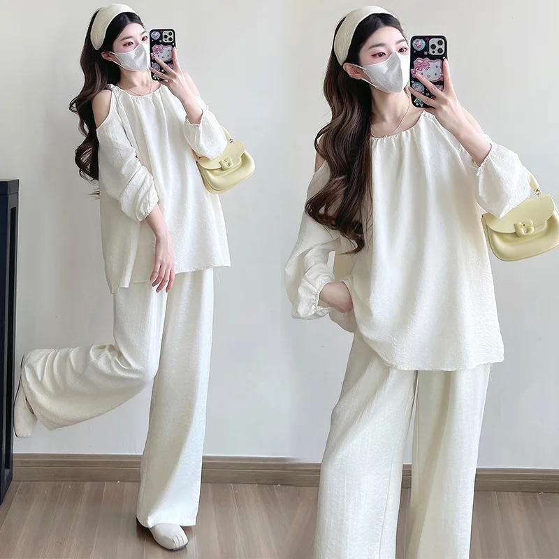 Traje de maternidad 2025, otoño, estilo francés, elegante, minimalista, perezoso, cuello redondo, Top con hombros descubiertos y pantalones de pierna ancha, conjunto de dos piezas