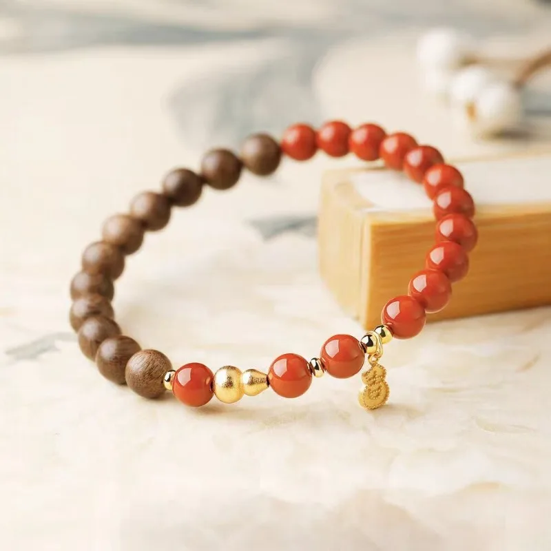 Nanhong Red Agate Agarwood Beaded Bracelet Wood Fire Element Bangle Women Wooden Red Agate Beaded Bracelet Lucky Year Gifts