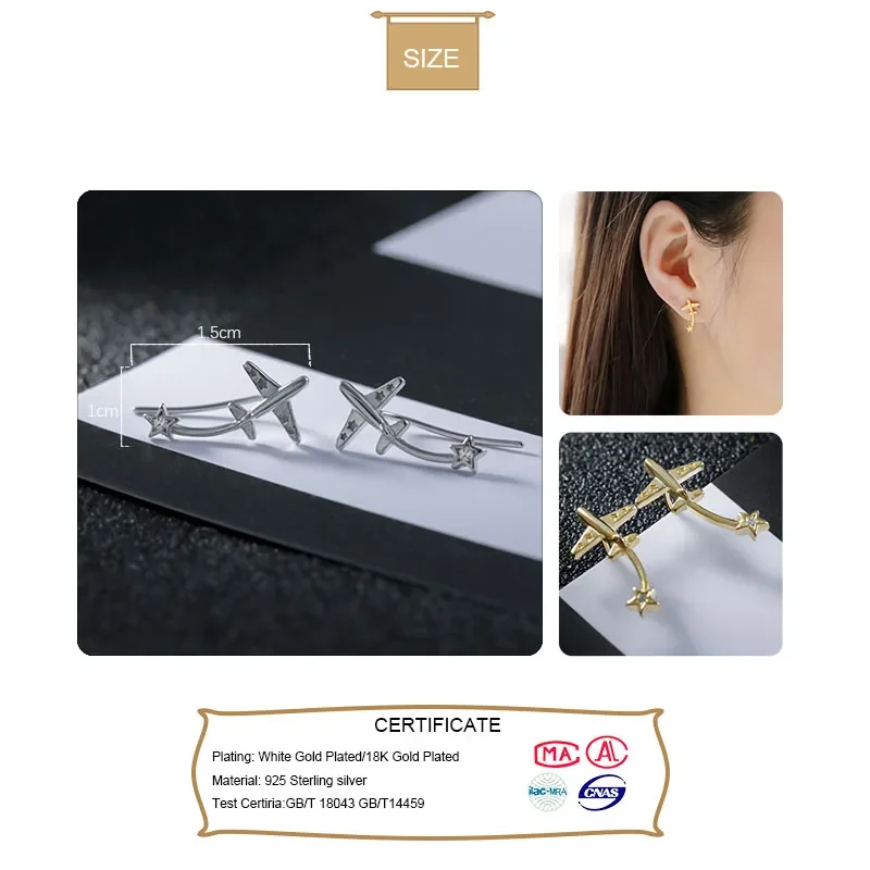 TrustDavis Real 925 Sterling Silver Fashion Plane Star Ear Hook Charm Stud Earrings For Women Wedding Minimalist Jewelry H072