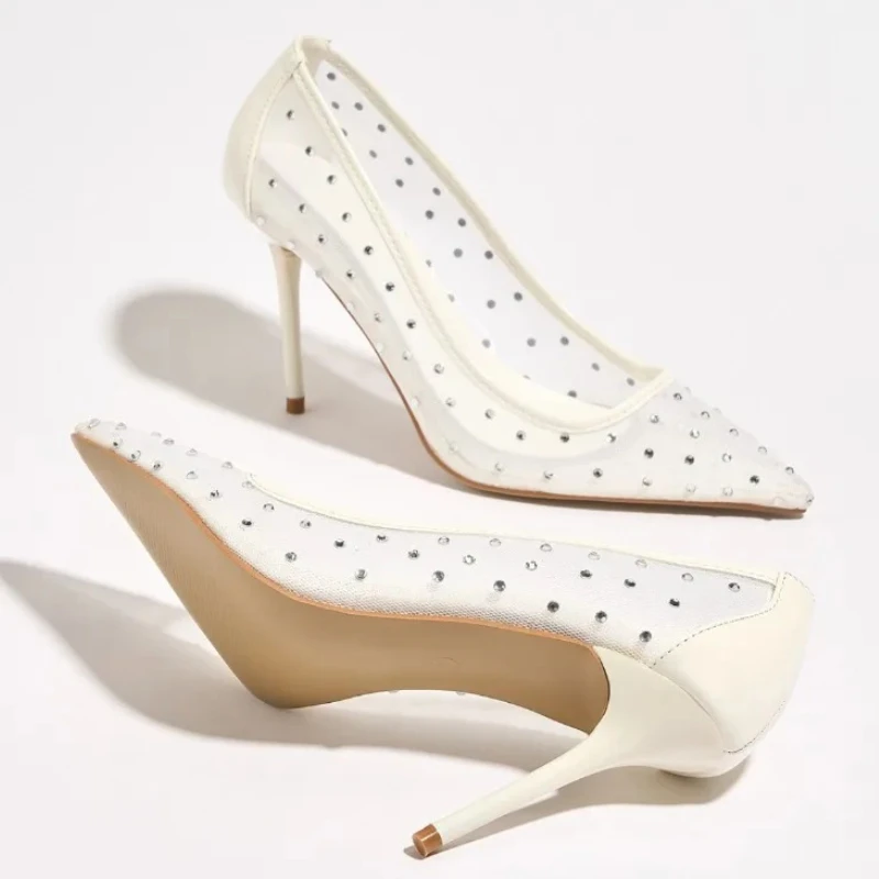 

Mesh Rhinestone Pointed Toe Pumps Sandals Ladies Breathable Elegant Party Dress Shoes Female Shallow Fashion High Heels Women