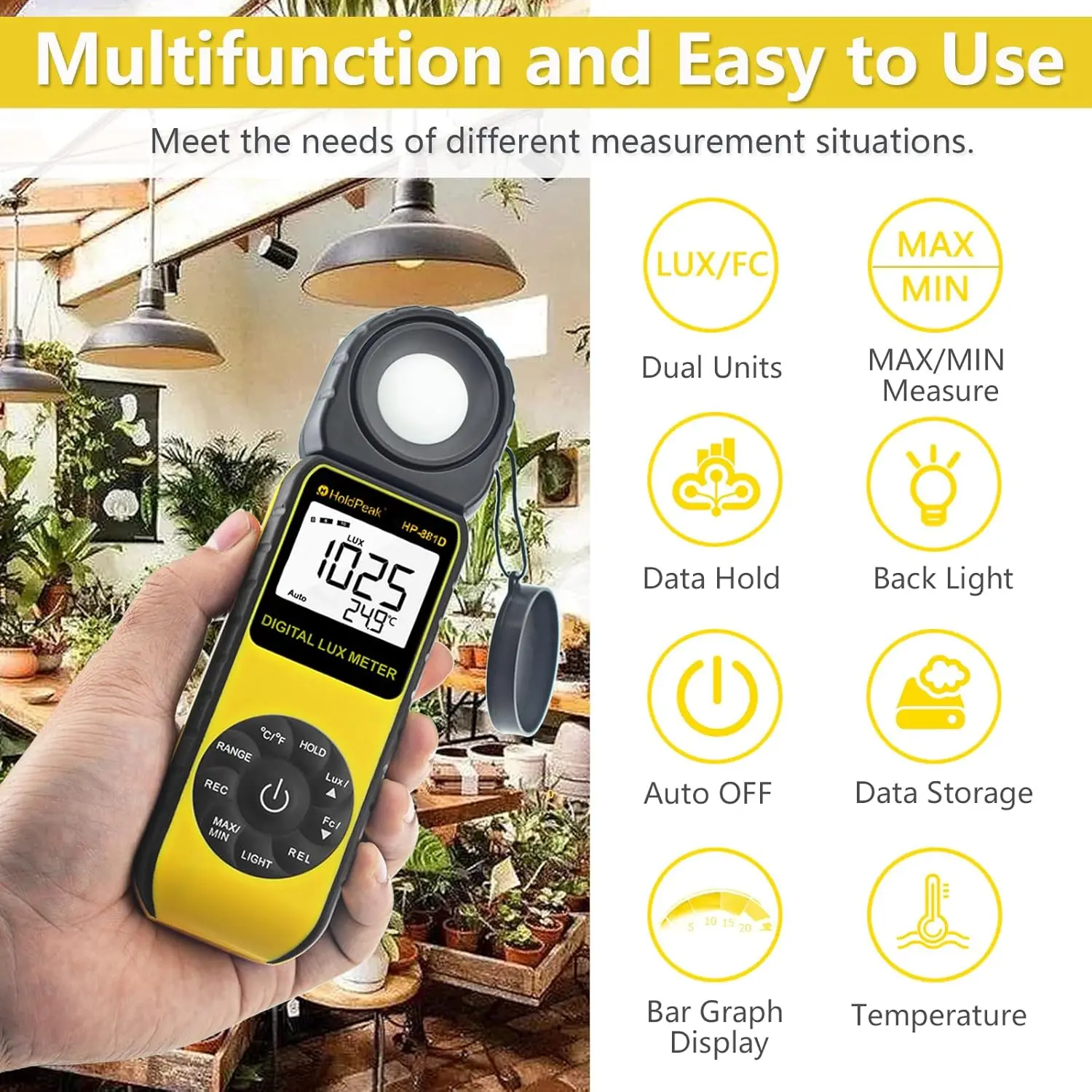 Digital Illuminance/Light Meter, Measure Lights 0.01~300,000 Lux (0.01~30,000 FC) Foot Candles, Par Meter Luxmeter for Plants