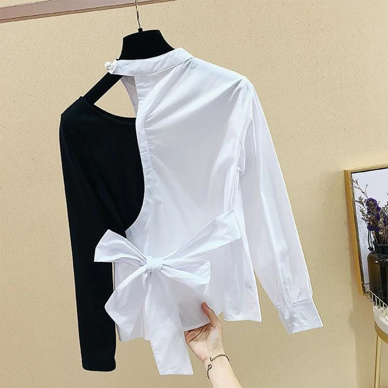 Shirt women's summer thin fashion stitching off-the-shoulder shirt design sense niche irregular top women shirt